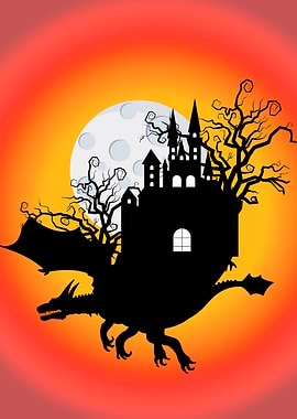 Dragon Castle Silhouette with Moon Moving Castle