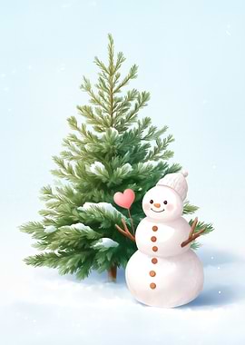 Snowman with Heart and Christmas Tree