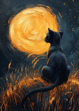 Black Cat Gazing at the Moon