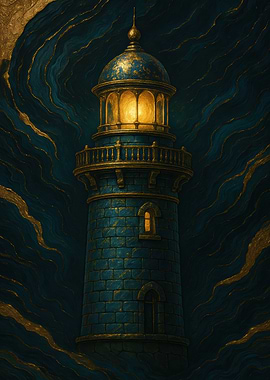 Blue and Gold Lighthouse Illustration