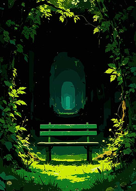 Green Bench in Forest Clearing