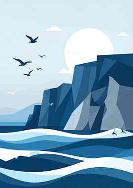 Blue Coastal Cliff Landscape with Birds