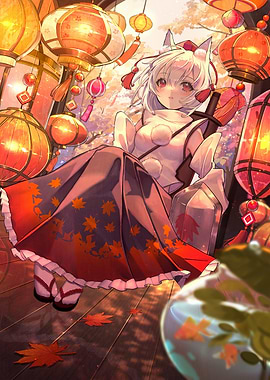Anime Girl with Lanterns and Maple Leaves