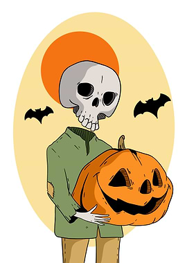 Halloween Skull Holding Pumpkin Illustration