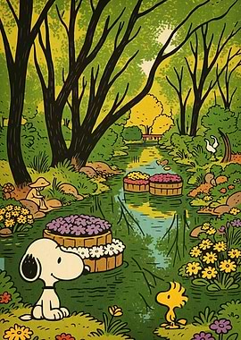 Snoopy and Woodstock in a Garden
