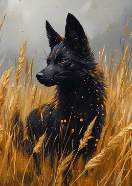 Black Wolf in Golden Wheat Field