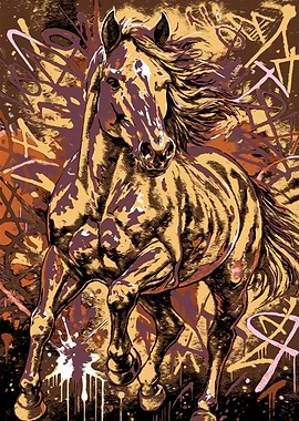 Dynamic Horse Art with Graffiti Background