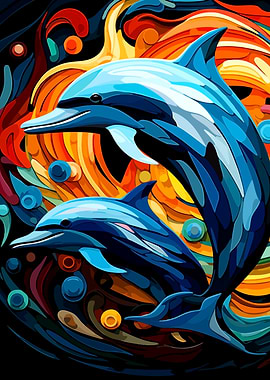 Dolphins in Abstract Colorful Ocean