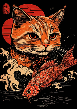 Cat and Koi Fish Japanese Art
