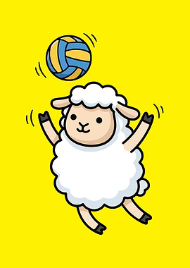 Cartoon Sheep Playing Volleyball on Yellow