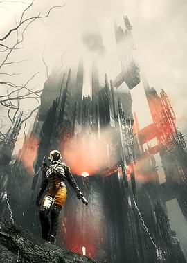 Astronaut in a dystopian landscape