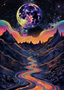 Psychedelic Moon Over Cosmic Landscape
