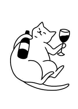 Cat with Wine Bottle and Glass