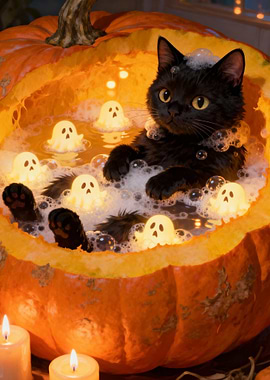 Black Cat in Pumpkin Bath with Ghosts