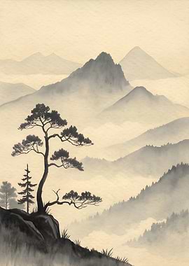 Misty Mountain Landscape with Pine Tree