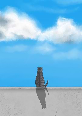 Cat Contemplating Clouds on a Wall