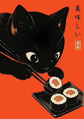 Black Cat with Sushi