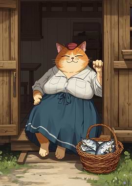 Anthropomorphic Cat with Fish Basket Illustration