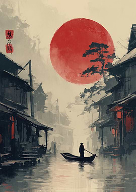 Japanese Village with Boat and Red Sun