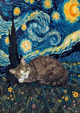 Cat Sleeping Starry Night Sky