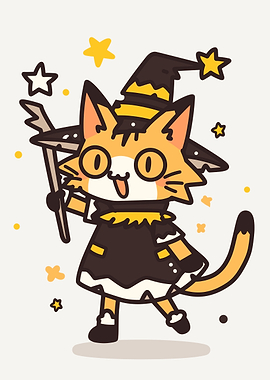 Cartoon Cat Witch with Wand and Stars
