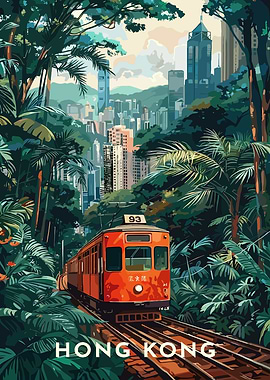 Hong Kong Tram through Lush Greenery