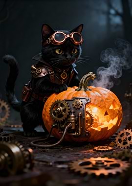 Steampunk Cat with Pumpkin