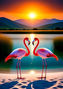 Flamingos Birds at Lake by Sunset Nature