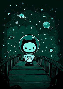Cat Astronaut on Bridge in Space
