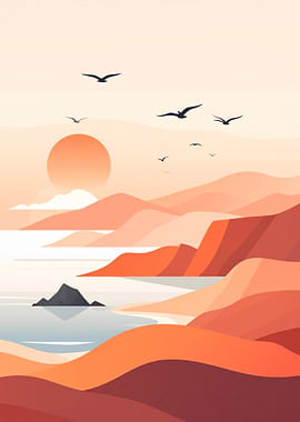 Minimalist Coastal Landscape with Birds