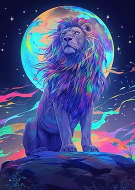 Colorful Lion with Moon Background