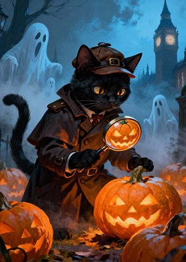 Detective Cat Investigates Halloween Pumpkins