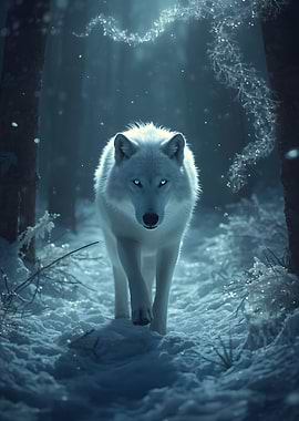 White Wolf in Winter Forest