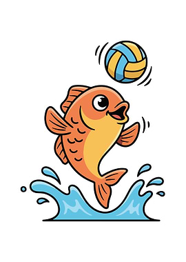 Cartoon Fish Playing with Volleyball