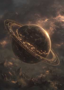 Ringed Planet over a Mountainous Landscape