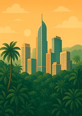 Tropical Cityscape with Palm Trees