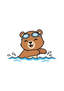 Cartoon Bear Swimming with Goggles