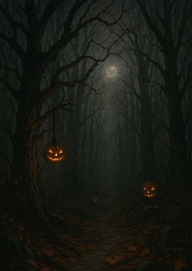 Spooky Halloween Forest with Pumpkins