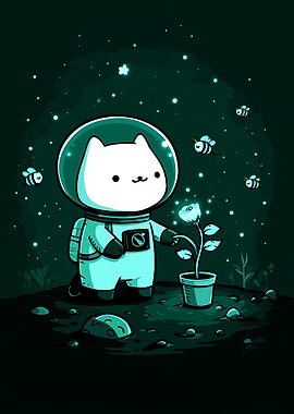 Cat Astronaut with Flower in Space