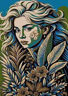 Woman with Floral Face and Foliage