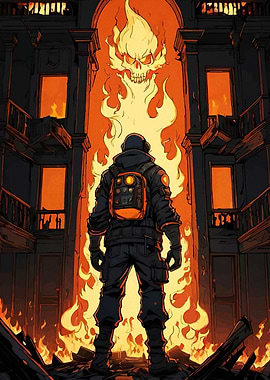 Burning Building with Figure and Skull