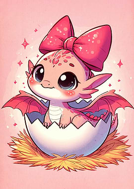 Cute Dragon Hatchling with Pink Bow