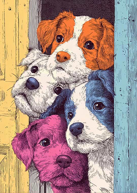 Colorful Puppy Quartet Bathroom Wall art