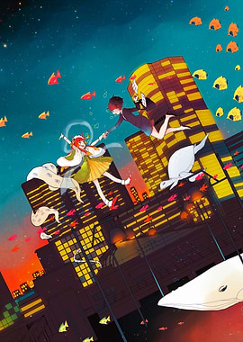 Anime Cityscape with Whales and Fish