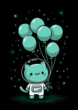 Astronaut Cat with Balloons in Space