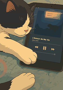 Cat listening to music on tablet