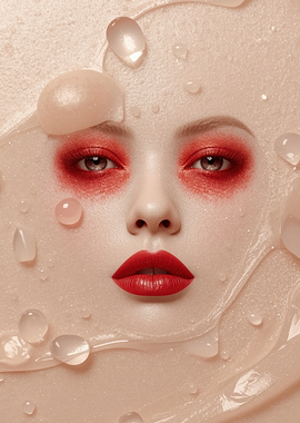 Woman's Face with Red Makeup and Water