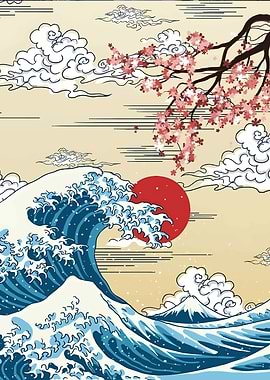 Japanese Wave with Cherry Blossoms Art