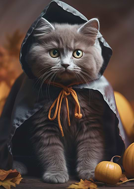 Cat in Halloween Costume with Pumpkins