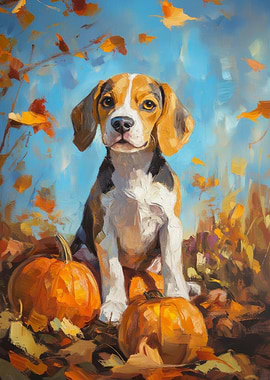 Beagle Puppy with Pumpkins Painting | Fall Dog Portrait